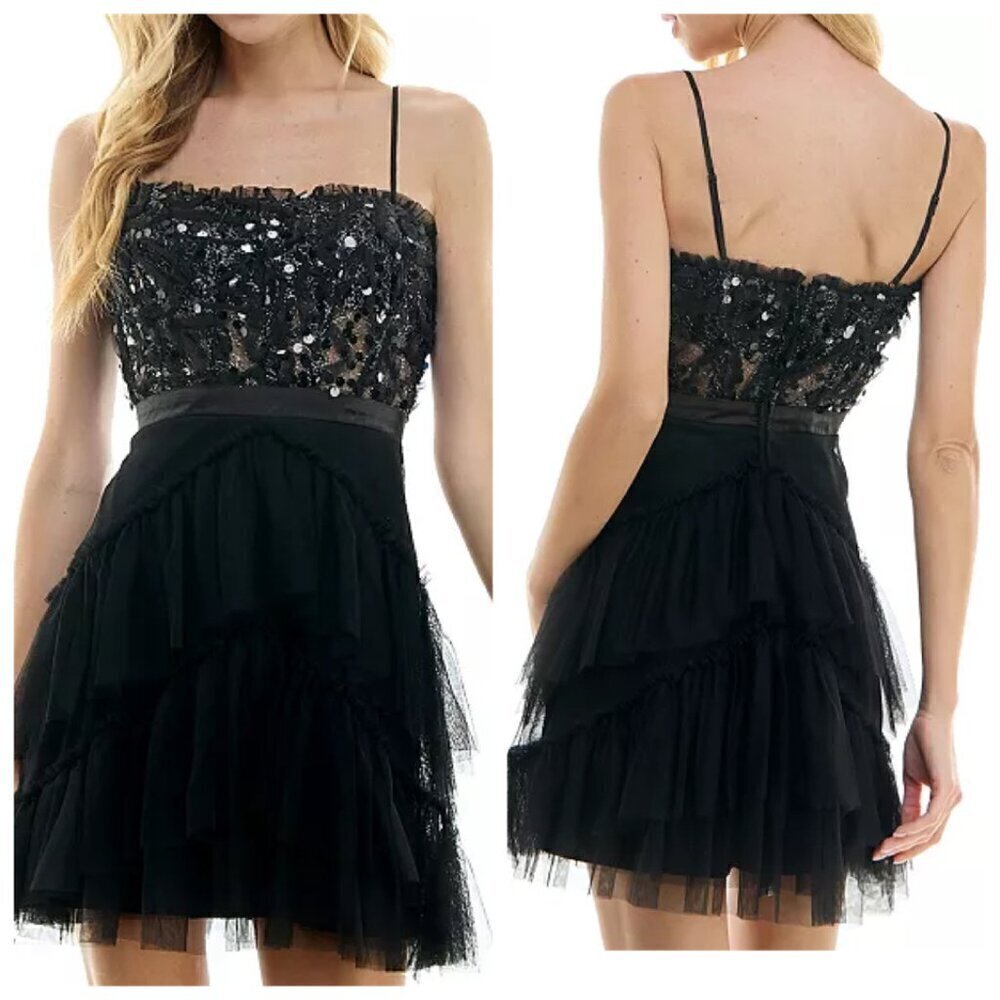 City Studios Womens Juniors Paillettes Mini Fit & Flare Dress Sz 5/6 Black